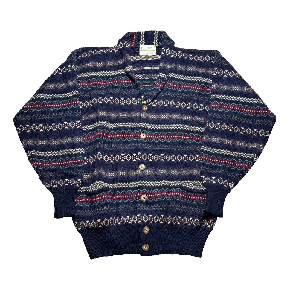 Cricket Vtg Fair Isle Cardigan Sweater Mens L Shetland Wool Shawl Collar Nordic